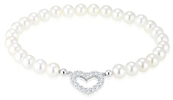Elli Armband Damen Herz Anhänger mit Muschelkernperlen und Zirkonia Kristalle in 925 Sterling Silber
