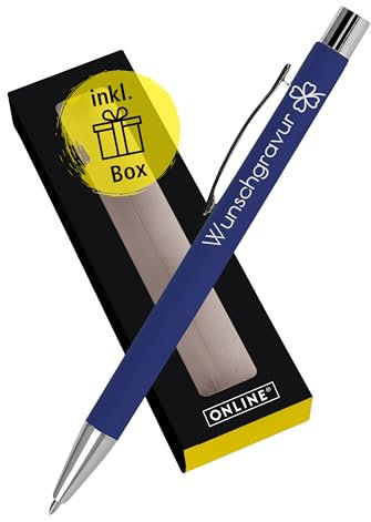 Online Personalisierter Kugelschreiber mit Gravur Soft Metal Classic Blue in Geschenkbox I Softtouch Feeling I auswechselbare Großraum-Mine I Schreibfarbe blau I Aluminium I persönliches Geschenk