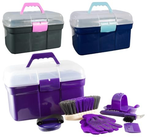 PFIFF 100576 Putzkiste mit Inhalt, Kinderputzbox, 6-teiliges Putzzeug für Kinder, Pferdepflege, Grau