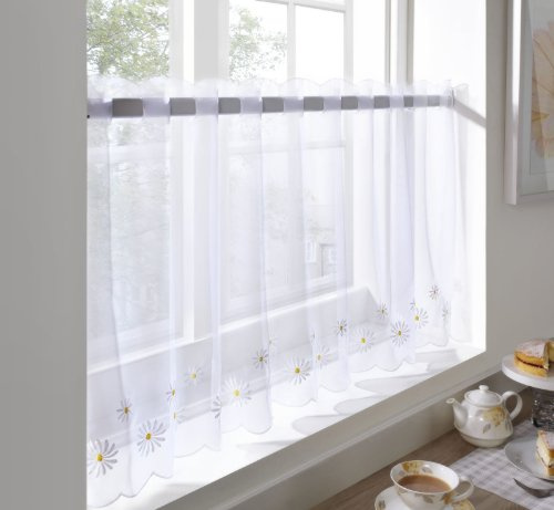 Café Voile Curtain Panel, Embroidered Kitchen Net Curtains, Daisy Flower, 59 x 18