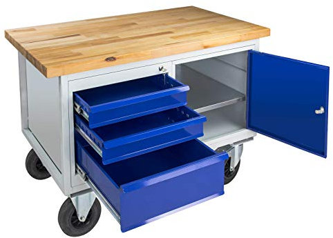 ADB Werkbank | Tischwagen | Werkbank | Werktisch | Rollwagen, 1300x840x600 mm, massive Buchenplatte, 500kg Tragkraft, fahrbar mit Rollen und Schubladen, für Werkstatt, perfekte Werkstatteinrichtung