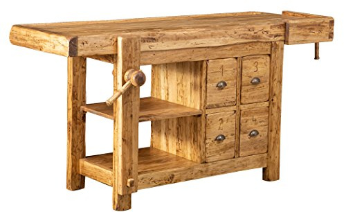 Biscottini Banco Tavolo da lavoro Country in legno massello di tiglio finitura naturale anticata L 184 x PR 74 x H 92 cm Made in Italy, fedele riproduzione di un antico ed originale Banco da Falegname