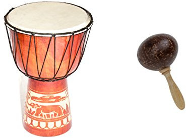 Große 60cm Djembe Holz Trommel Bongo Ziegenfell Elefant Holz + Kokos Rassel Maraca R2