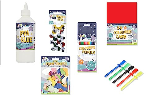 Craft Planet - Glue & Colour Fun Home & Travel Activity Pack - 500ml PVA Glue, 25 Sheets of Coloured Card, Glue Spreaders, Hands and Feet Foam Shapes, Googly Eyes and A Pack of 12 Colouring Pencils…
