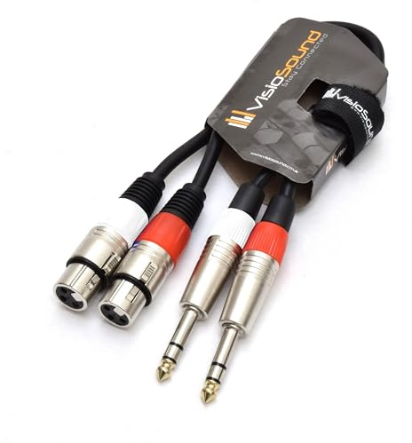 2x Female XLR to 6.35mm 1/4 Stereo TRS Jack Cable Twin Lead (Black, 0.5m) | Noiseless OFC Balanced Signal, Audio, Patch Cable / 5 Colours