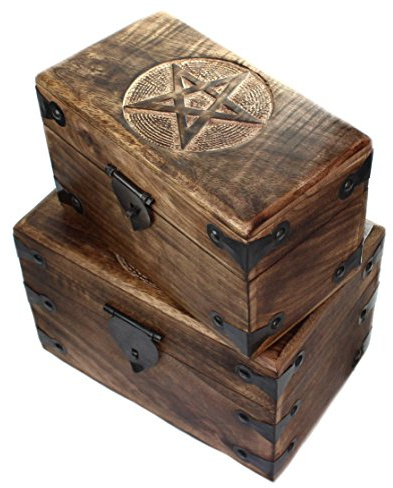 Budawi® Holztruhe keltisches Pentagramm | große Holzbox aus Mangoholz | Fünfzackiger Stern | Indien