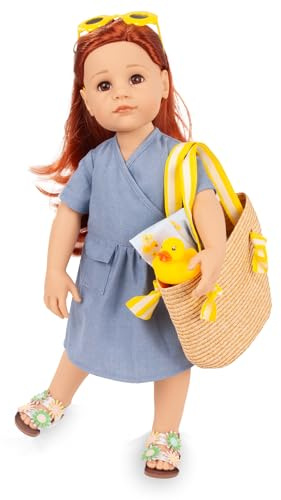 Götz 2659016 Hannah Little Duck Puppe 50 cm Stehpuppe 9-TLG | für Kinder ab 3 Jahren, rote Haare, braune Augen, blaues Wickelkleid, Sonnenbrille, Basttasche, frisierbar, Vinylhartkörper