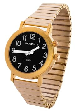 Marschall Deutsch sprechende Herren Armbanduhr I H-BM I Black Edition I Für Blinde, Senioren und Demenzkranke I Zeitansage I Extra große Zeiger I Metallzugarmband