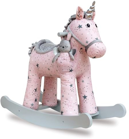 Little Bird Told Me - Celeste & Fae Unicorn Rocking Toy for Toddler 12+ Months Unisex - Pink & Grey Star Printed Fabric, Solid Wooden Frame & Rockers, Removable Plush Toy - British Brand Since 2007