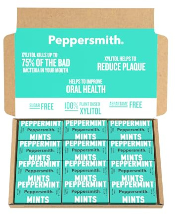 Peppersmith - British Peppermint Mints - 100% Plant Based Xylitol - Breath Freshener - Sugar Free Mints - Benefits Oral Health - Pocket Packs - 12x15g | 100% Plant Based Xylitol, Breath Freshener, Sugar Free Mints, Benefits Oral Health
