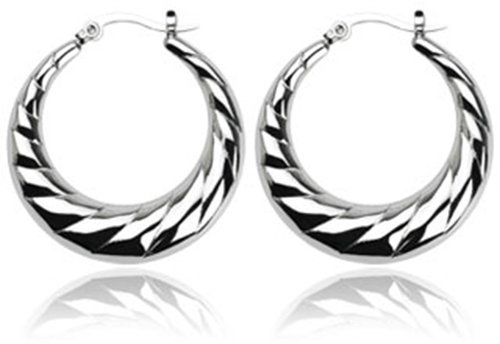 BlackAmazement 2er Set Creolen groß Ohrringe Edelstahl Silber Mondsichel Mond rund Silver Paar (Modell: Silber mit Struktur)