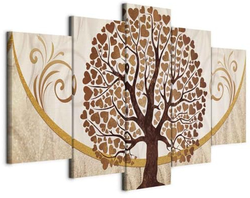 B&D XXL - Quadri Moderni per Soggiorno, Astratto Albero e Cuori, 200x100 cm | Chiodi Inclusi, 5 Pezzi, Quadro Moderno, Pannelli Decorativi per Pareti, Decorazione da Parete, Resistenti Allo Sbiadimento