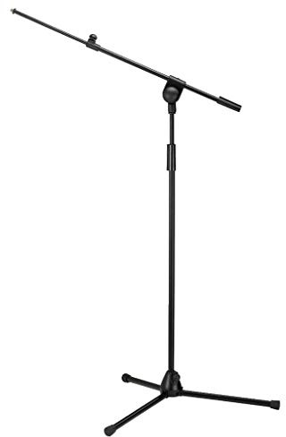 MONACOR MS-60/SW Mikrofon-Bodenstativ, Mikrofonständer mit längenverstellbarem, schwenkbarem Ausleger und trittschallgedämpften Klappfüßen, Gewinde 9 mm (3/8) und 16 mm (5/8), in Schwarz