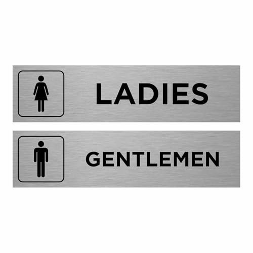 Slimline Aluminium Toilet Door Signs Twin Pack from ViroDisplay® - Gentlemen & Ladies Symbols - Brushed Silver 0.5mm - 200 x 50mm Office Signs - Durable Printed Surface - Self-Adhesive Fixing (1)