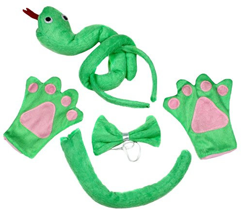 Petitebelle Green Snake Headband Bowtie Tail Gloves 4pc Children Costume (Green)