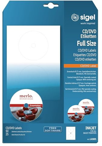 SIGEL CD DVD Etiketten InkJet FullSize 50 Etiketten | LA501, Mit Zentrierhilfe und Spezialbeschichtung für Drucke