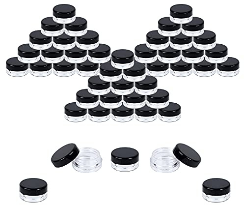 Houseables Sample Containers, Lip Balm Containers, Sample Jars, Mini Jars with Lids, Small, Empty for Makeup, Powder, Gloss, Cosmetic, Tiny, Chapstick, Dab, Wax, Scrub, Little, Plastic, 3 Gram, 50 PK