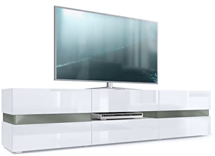 Vladon Buffet Bas Flow, Meuble TV avec vitre d’Ambiance rétroéclairée, 2 Portes, 1 tiroir et 1 clapet, Blanc Mat/Blanc Haute Brillance (177 x 45 x 39 cm)