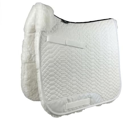 Engel Reitsport SCHABRA2-D-WEI-WEI Lammfell Dressur Schabracke | fully lined, Fellkranz vorne, robuster Baumwoll Steppstoff, Dressur, Stoff weiß Fell weiß
