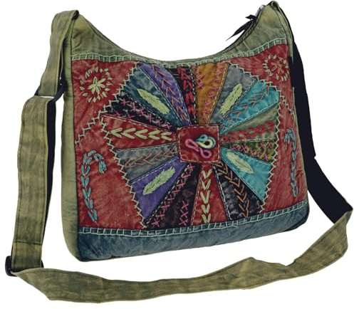 GURU SHOP Schultertasche, Patchwork Hippie Tasche, Goa Tasche - Grün, Unisex - Erwachsene, 30x35x15 cm