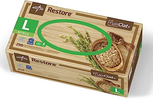 Medline Restore Nitrile Exam Gloves, 250 Count, Large, Powder Free, Disposable, Colloidal Oatmeal to Soothe Hands, Strong, Tear Resistant for Medical Tasks, Household Chores and More