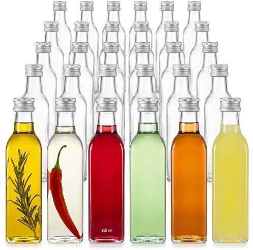 gouveo 30er Set Glasflaschen 250 ml (0,25 l) Maraska eckig, Schraubverschluss PP31,5 silberfarben, leere Klarglasflaschen zum Befüllen für Likör, Schnaps, Sirup, Öl & Essig (MFET250S)