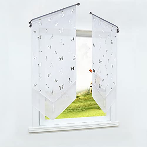 CORLIF Scheibengardine mit Tunnelzug Vorhang Küche Bistrogardinen Panneaux Voile Kurzgardine Transparent Gardinen mit Schmetterling Druck Weiß BxH 40x90cm 1 Stück