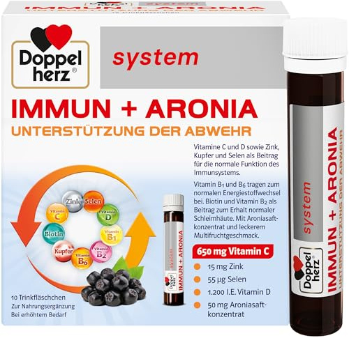 Doppelherz system Immun + Aronia Trinkfläschchen, 10 St. Ampullen | Vitamin C, Vitamin D, Zink und Selen tragen zur normalen Funktion des Immunsystems bei – 10 Trinkfläschchen
