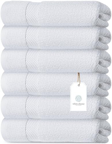 White Classic Luxury White Hand Towels, 100% Cotton Bathroom Hand Cloths Set of 6, Hotel Towels Extra 40x76 cm, Quality Towels Bathroom Sets for Hands | White, 6 Pack