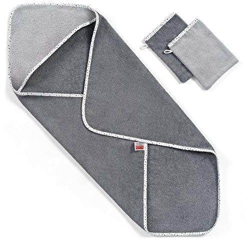 Wörner Baby Kapuzenhandtuch/Kapuzentuch 80x80 cm - inkl. Waschlappen - Schadstoffgeprüft nach Öko-Tex Standard 100 / Frottee - 100% Baumwolle - Sternchen Grau