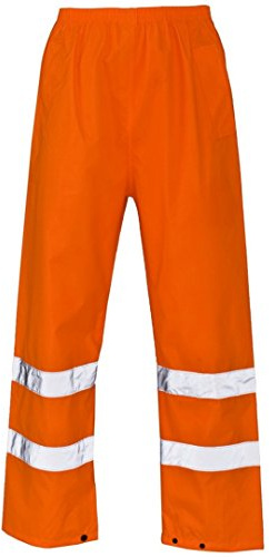 MyShoeStore Hi Vis Viz 2 Band Pu Over Trousers High Visibility Waterproof Safety Work Wear Reflective Tape Stripe Elasticated Waistband Bottoms Workwear Pants, Orange, M