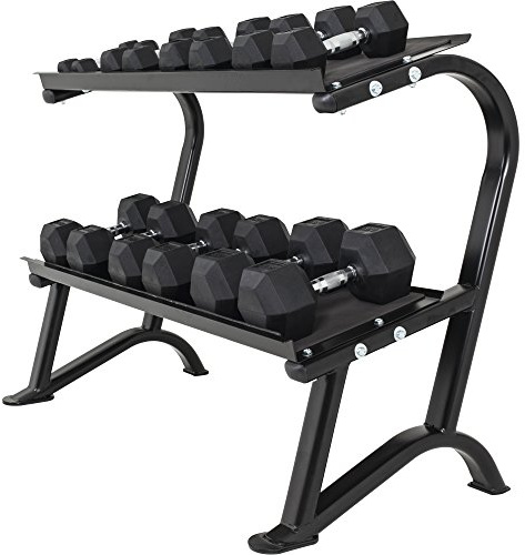 GORILLA SPORTS® Kurzhantelablage mit 2 Ebenen aus Stahl, bis 500 kg | 141 x 65 x 100 cm mit gepolsterten, schrägen Ablageflächen für Hexagon- und Rundhanteln; Kurzhantelständer, Dumbbell Rack