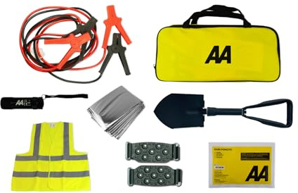AA Emergency Winter Car Kit AA5281 - Folding Snow Shovel, 9-LED Torch, Foil Blanket, Hi-Vis Vest, Rain Poncho, Booster Cables, Pair Snow Grips