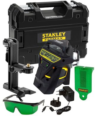 Stanley FatMax Multilinienlaser X3 grün FMHT1-77356 (3x 360° Kreuz-Linienlaser, mit grüner Diode, für Innen- & Außenbereich, selbstnivellierend, IP54, inkl. Zubehör, Ladegerät & Aufbewahrungsbox)