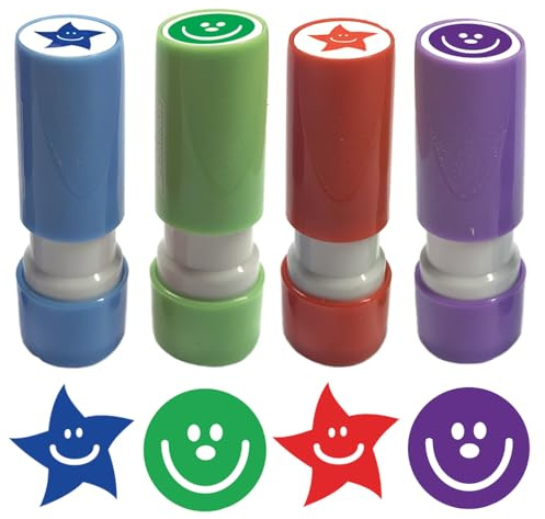 4 Small Teacher Self-inking Marking & Reward Chart Stamps (Red & Blue Star, Purple & Green Smile)