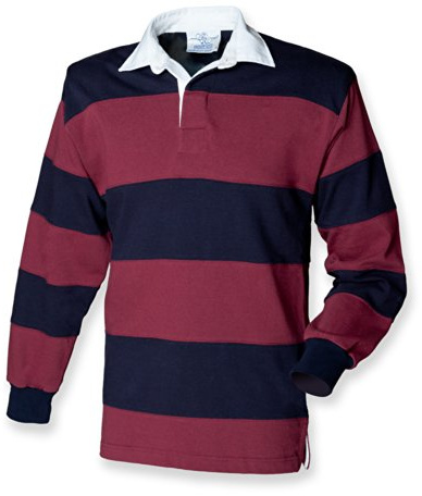 Front Row Sewn Stripe Long Sleeve Sports Rugby Polo Shirt (L) (Burgundy/Navy)