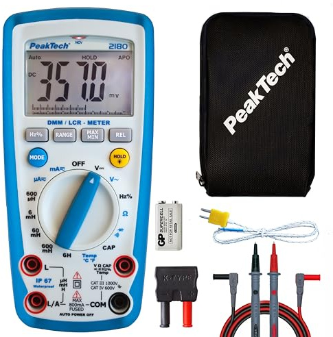 PeakTech 2180 – Multímetro digital con medidor LCR, resistencia, capacitancia, inductancia, 6000 cuentas, rango automático, amperímetro, probador de continuidad pantalla LCD iluminada - CAT III 1000