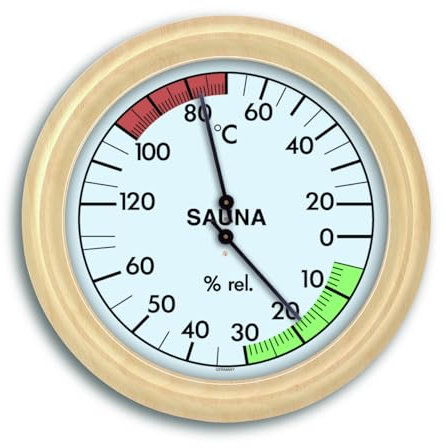 TFA Dostmann Analoges Sauna-Thermo-Hygrometer, mit Holzrahmen,Temperatur, Luftfeuchtigkeit, hitzebeständig