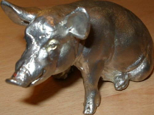 Zinngießform Schwein Hauschwein sitzend, 390g Reinzinn