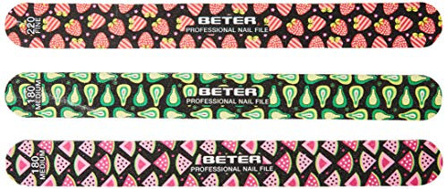 Beter - Lime professionali per unghie, confezione da 3 lime in fibra di vetro decorate, ideali per set manicure e pedicure, grana 180/220