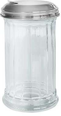 Fackelmann 46893 saupoudreuse sucre, saupoudreuse sucre glace, bocal epices, rangement epices cuisine, pot à parmesan, Verre, Acier, 14 x 7,5 cm