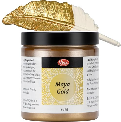 Viva Decor Maya Gold 250ml (Gold) - Metallic-Acrylfarbe für kreative Werke auf Holz, Glas und Porzellan. Stoßfest, wischfest und wetterfest für glänzende Metall- / Metallic Effekte