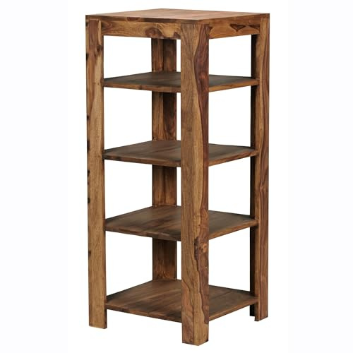 FineBuy Standregal 44x44x105 cm Sheesham Massivholz mit 4 Ablagefächern | Wohnzimmerregal im Landhausstil, als Beistelltisch nutzbar, Echtholz handgefertigt, jedes Regal ein Unikat