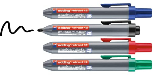edding 12 Indragen whiteboard-markör – svart, röd, blå, grön – set med 4 – rund spets 1,5–3 mm – utan lock – för enhandsanvändning på whiteboards, blädderblock, magnetiska tavlor, anslagstavlor,