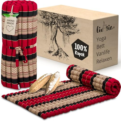 livasia Rollmatte Rollmatratze M schmal Einzelbett - 200x75x4,5cm - Gästebett Gästematratze 1 Person mit Muster, Reisebett Kofferraum outdoor, Thaimatte Kapok Garten handgefertigt (Rot/Schwarz)