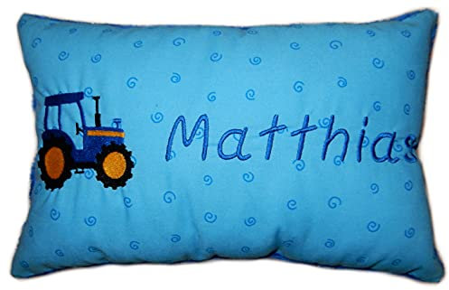 Momelie Blaues Schmusekissen * Kuschelkissen * Blauer Traktor * mit Namen Bestickt * 25 x 40 cm * SK-bl_0088