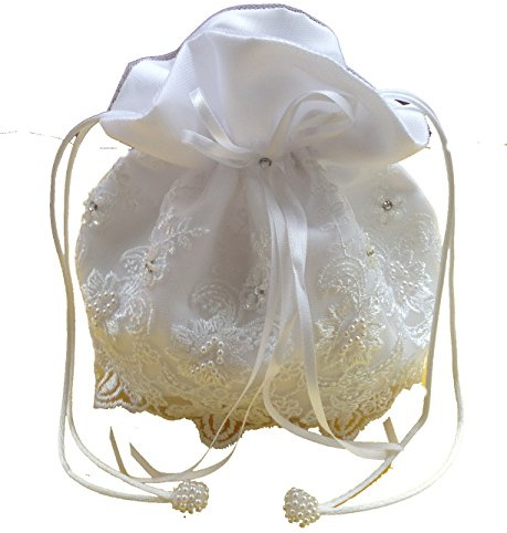 LadyMYP© Brauthandtasche, Brautbeutel mit Strasssteinen und Perlen auf Spitze, Hochzeit, Kommunion
