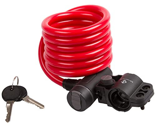 M-Wave Autom.-Spiralkabelschloß 1800 x 10 mm rot mit Clip-on-Halter für Sattelstütze mit Staubschutzkappe auf Karte