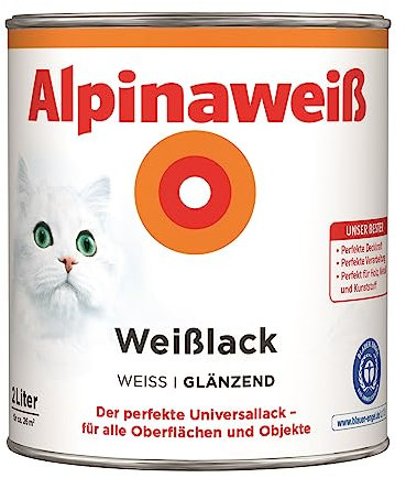 Alpinaweiß Weißlack – glänzend – Universallack für den Innen- und Außenbereich – hochdeckend, wetterbeständig & schnelltrocknend – für optimale Lackier-Ergebnisse – 2 L