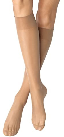 Nur Die 2er Pack Knie 20 DEN transparente Nylon Fein-Kniestrümpfe matt breiter Komfortbund Damen, amber, one size